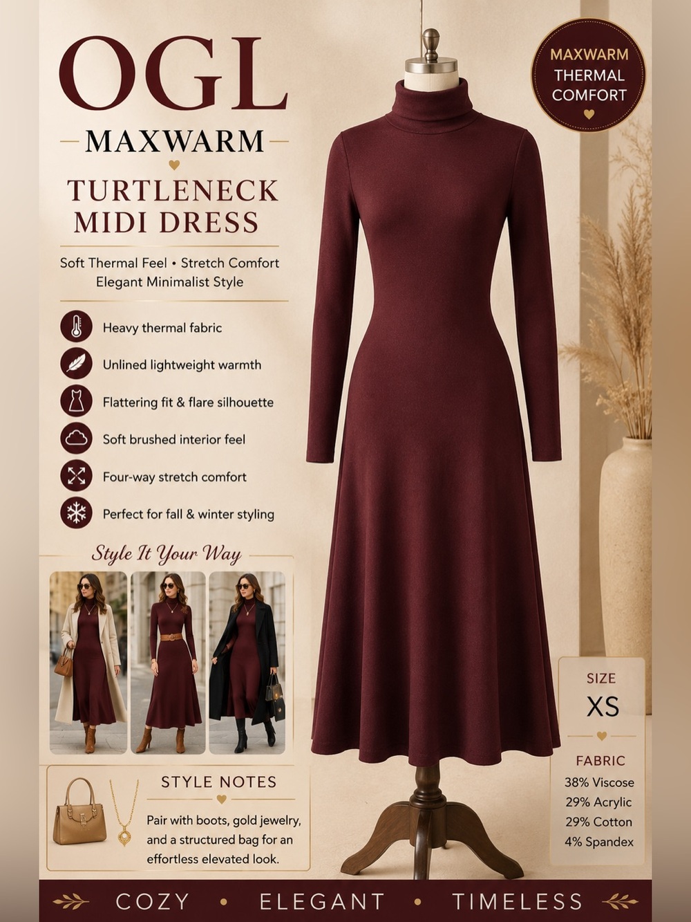 OGL MaxWarm Turtleneck Midi Dress Burgundy XS Soft Thermal Stretch